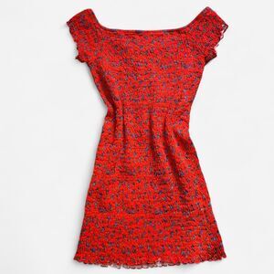 Topshop Red Bodycon Smocked Mini Dress with Cap Sleeves